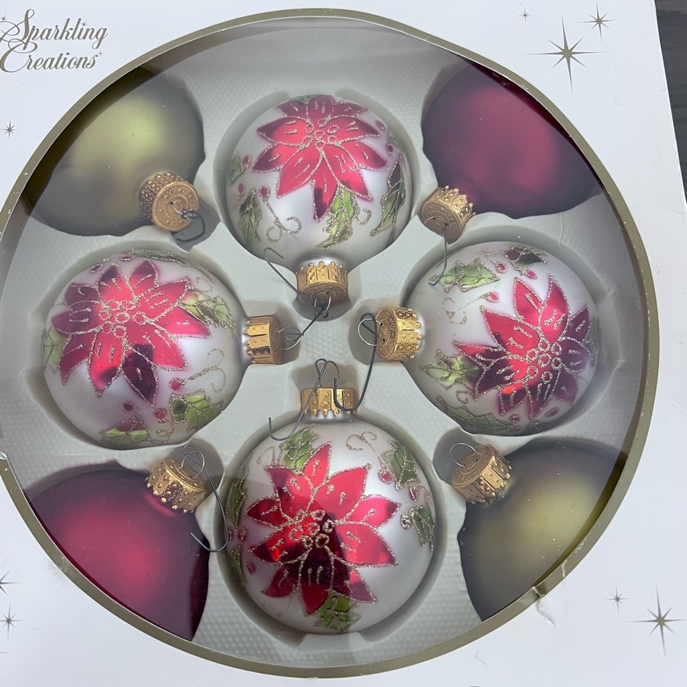Poinsettia Holiday Ornament Set - Red and Green